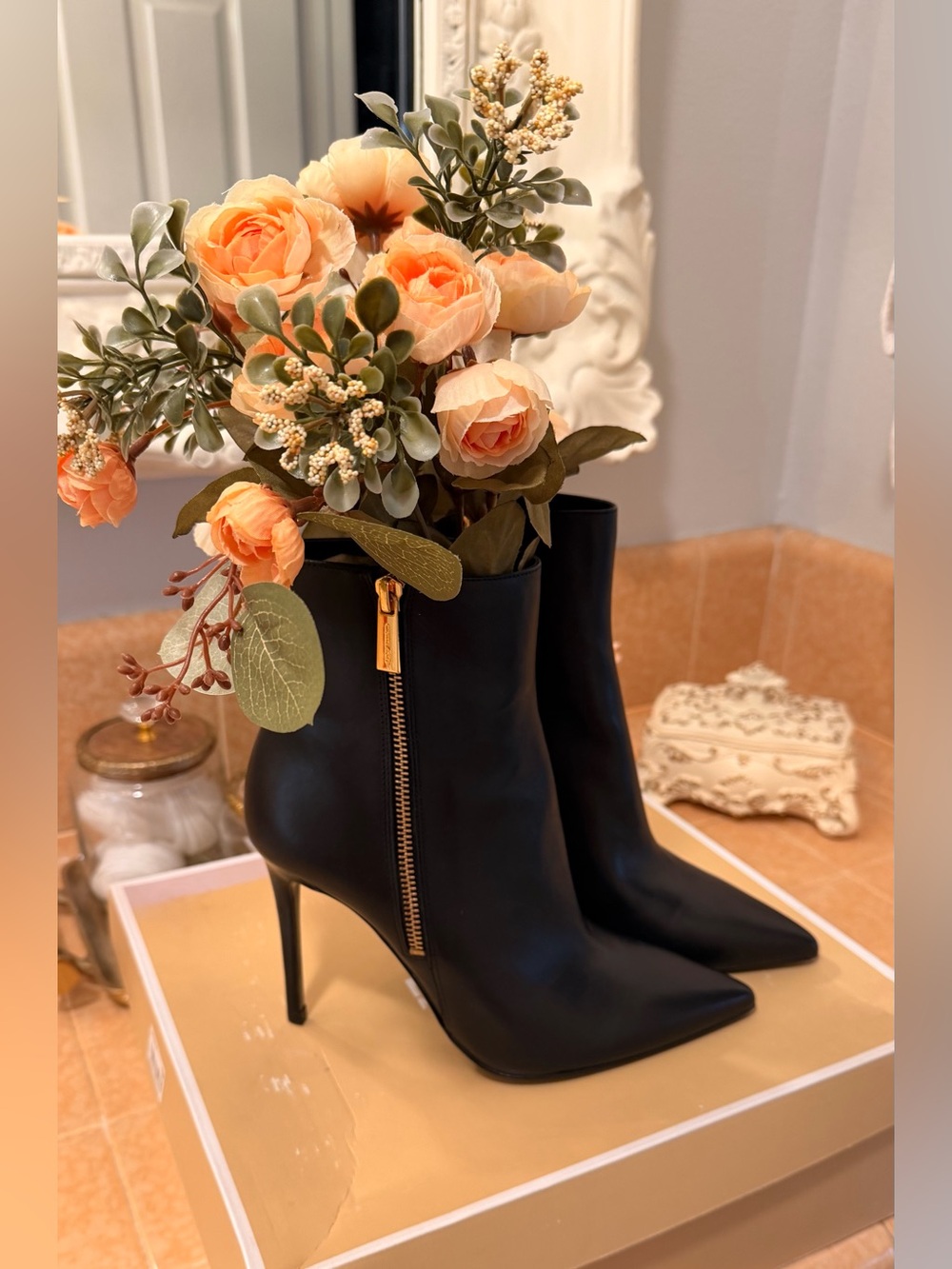 Michael Kors Black Pointed Stiletto Ankle Boots with Gold Zip Pull